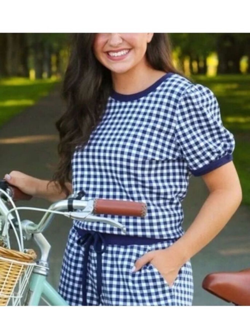 Draper James S White Navy Crewneck Easy Short Sleeve Gingham Top